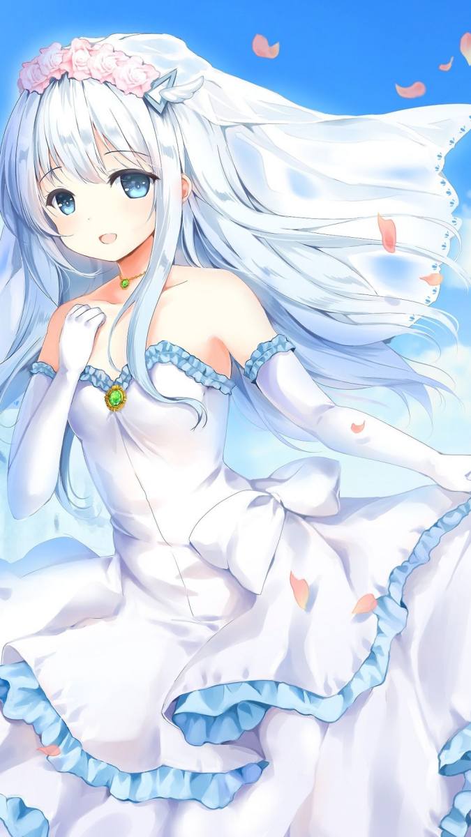 Hình nền anime cô gái váy cưới, tóc trắng, hoa hồng, nền trời xanh, chất lượng HD, độ phân giải 1080x1920.