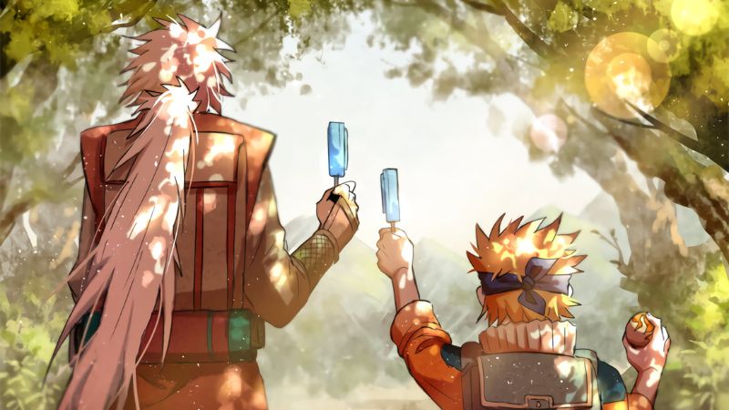 Hình nền anime 1080x1920 HD, hai nhân vật cầm kem dưới ánh nắng xuyên qua tán cây, cảnh thiên nhiên yên bình.