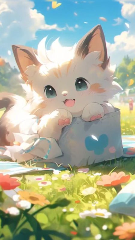 Hình nền anime mèo dễ thương trong công viên hoa, độ phân giải 1080x1920, chất lượng HD, phong cảnh sinh động.