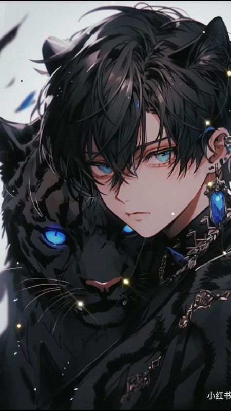 Hình nền anime huyền bí với chàng trai và báo đen, độ phân giải 1080x1920 HD, tạo nét cuốn hút.