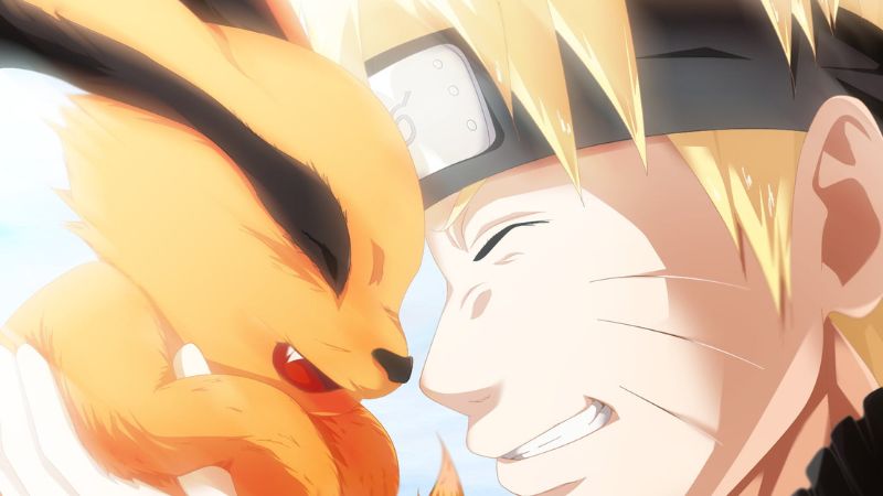 Nhân vật anime vui vẻ với cáo nhỏ, nền tươi sáng, chất lượng HD, độ phân giải 450x800, hình nền đáng yêu.
