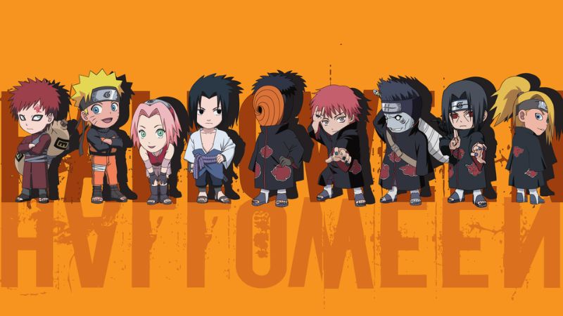 Hình nền anime Halloween, nhân vật phong cách chibi, nền cam, độ phân giải 450x800, hình ảnh chất lượng HD.