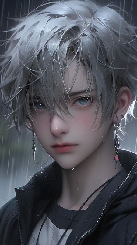 Anime boy với mái tóc bạc dưới mưa, hình nền 1080x1920 HD, phong cách nghệ thuật ấn tượng.