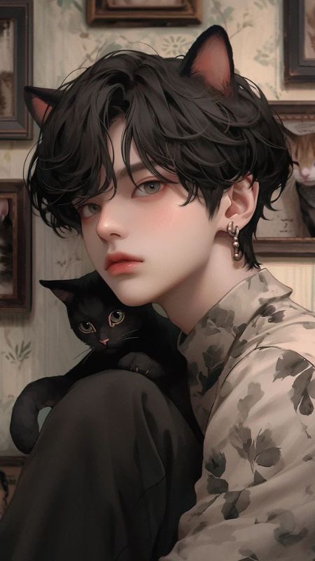 Anime nhân vật với mèo đen, hình nền nghệ thuật 1080x1920, chất lượng HD, phong cách độc đáo và thu hút.