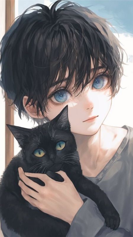 Hình nền anime thiếu niên ôm mèo đen, chất lượng HD, 1080x1920, tạo cảm giác nhẹ nhàng và lôi cuốn.
