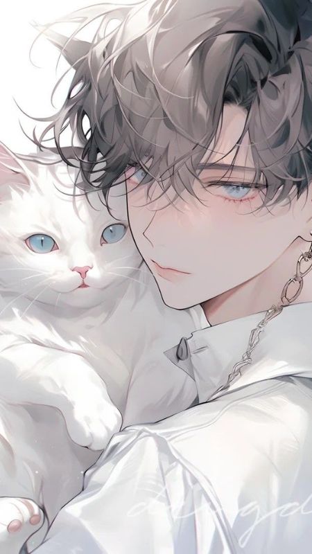 Anime nhân vật và mèo trắng đáng yêu, hình nền HD 800x450, phong cách nghệ thuật tinh tế và cuốn hút.