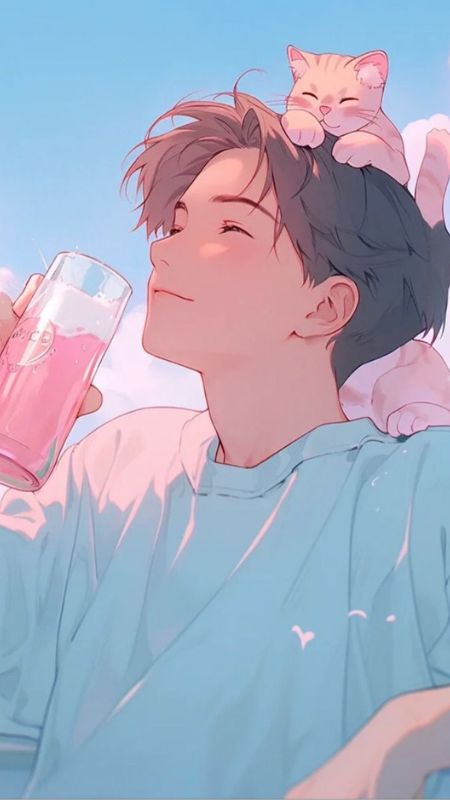 Hình nền anime dễ thương với người và mèo, uống nước hồng, trời xanh. Độ phân giải 1080x1920, chất lượng HD.