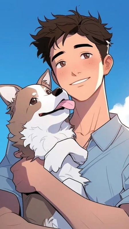 Hình nền anime vui tươi, chàng trai ôm chó dưới bầu trời xanh, 800x450, HD, phong cách hoạt hình sống động.