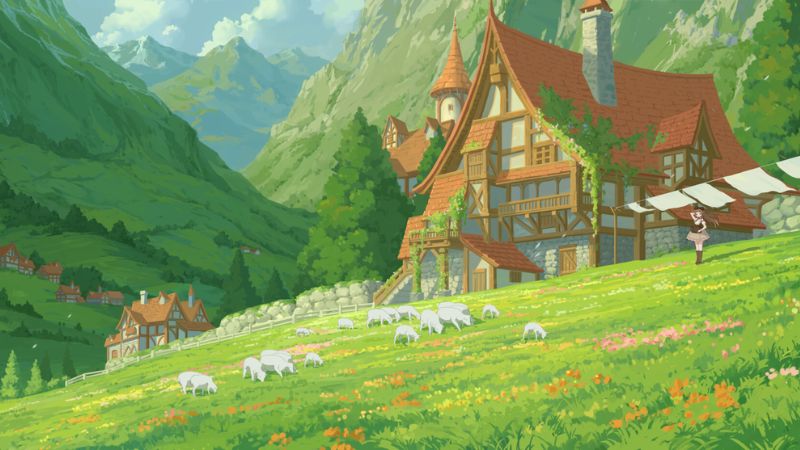 Anime phong cảnh đồng quê với ngôi nhà cổ tích và cánh đồng hoa, độ phân giải 1080x1920, chất lượng HD.
