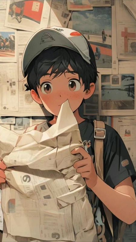 Anime boy reading newspaper, surrounded by articles; HD quality, 800x450 resolution, engaging and dynamic composition.