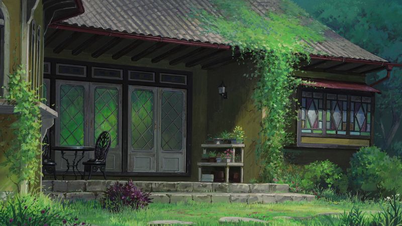 Nhà cổ yên bình giữa thiên nhiên xanh mát, độ phân giải 1080x1920, hình nền HD, phong cách anime.