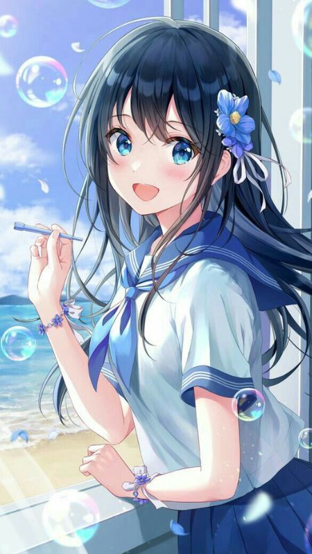 Thiếu nữ anime vui tươi bên cửa sổ, phong cảnh biển, bong bóng lấp lánh, độ phân giải 800x450, hình ảnh HD.