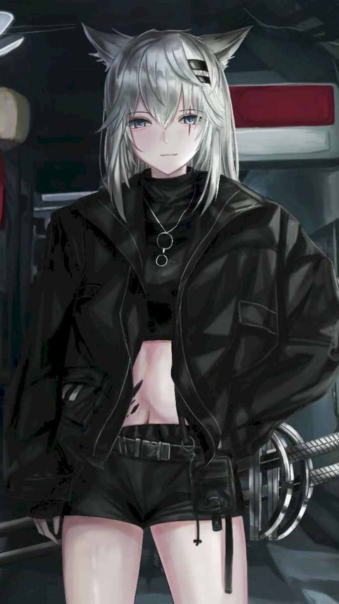 Anime nhân vật nữ với tóc xám và tai mèo, trang phục đen, độ phân giải 1080x1920, hình nền HD.