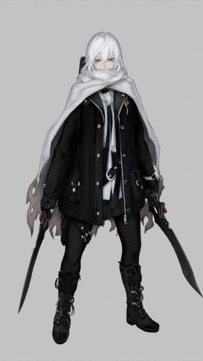 Nhân vật anime bí ẩn với áo choàng trắng, kiếm đen, nền xám, chất lượng HD, 1200x675, hình nền nghệ thuật.