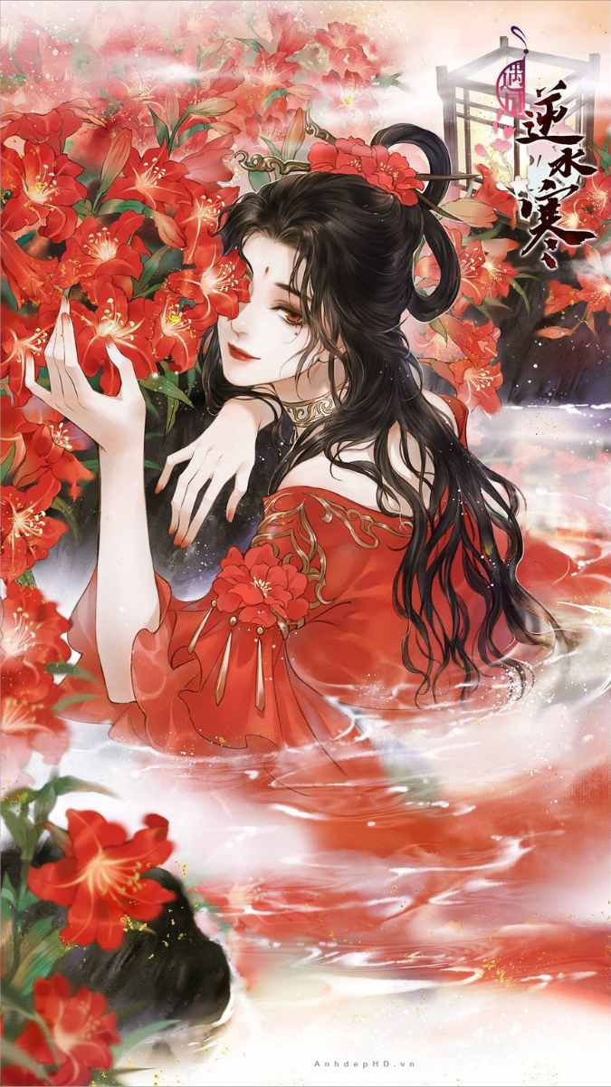 Hình nền anime cô gái áo đỏ giữa hoa đỏ, độ phân giải 1080x1920, chất lượng HD, nghệ thuật tinh tế.