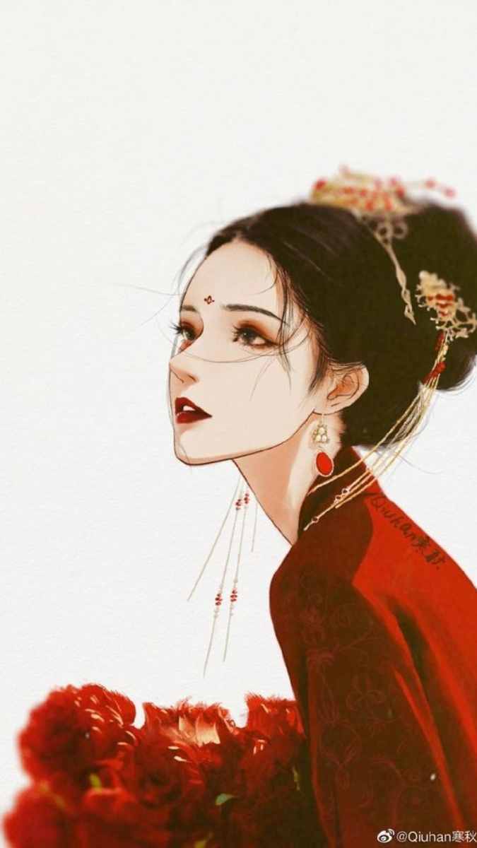 Tranh minh họa cô gái cổ trang với hoa đỏ, nền trắng, chất lượng HD, 1200x675, phong cách nghệ thuật tinh tế.