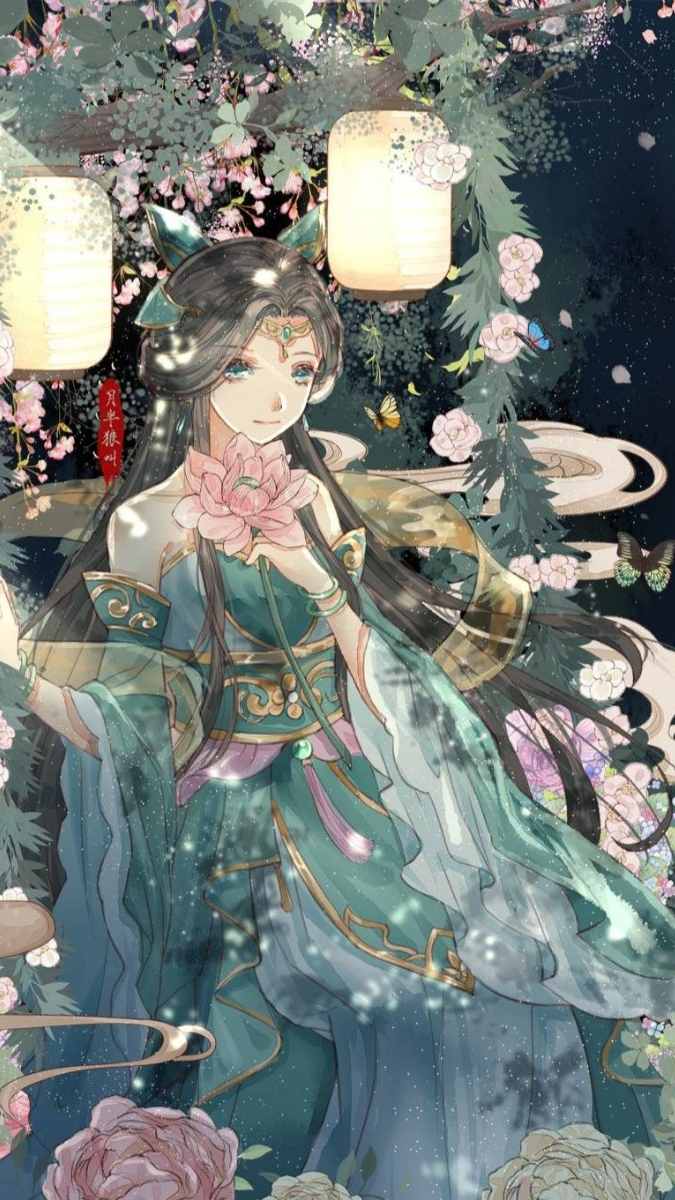 Hình nền anime cổ trang, thiếu nữ cầm hoa sen, đèn lồng, hoa lá, 1080x1920, HD, nghệ thuật tinh tế.