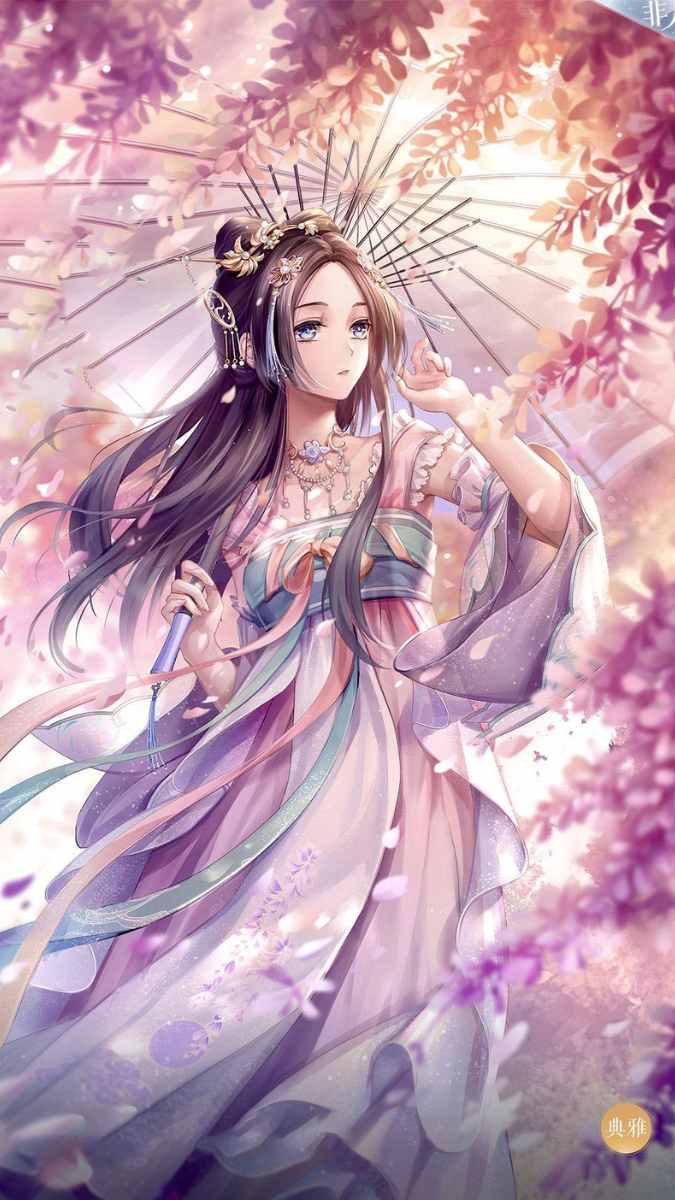 Hình nền anime cô gái cầm ô dưới tán hoa, chất lượng HD, 1080x1920, phong cách cổ trang, sắc màu lãng mạn.