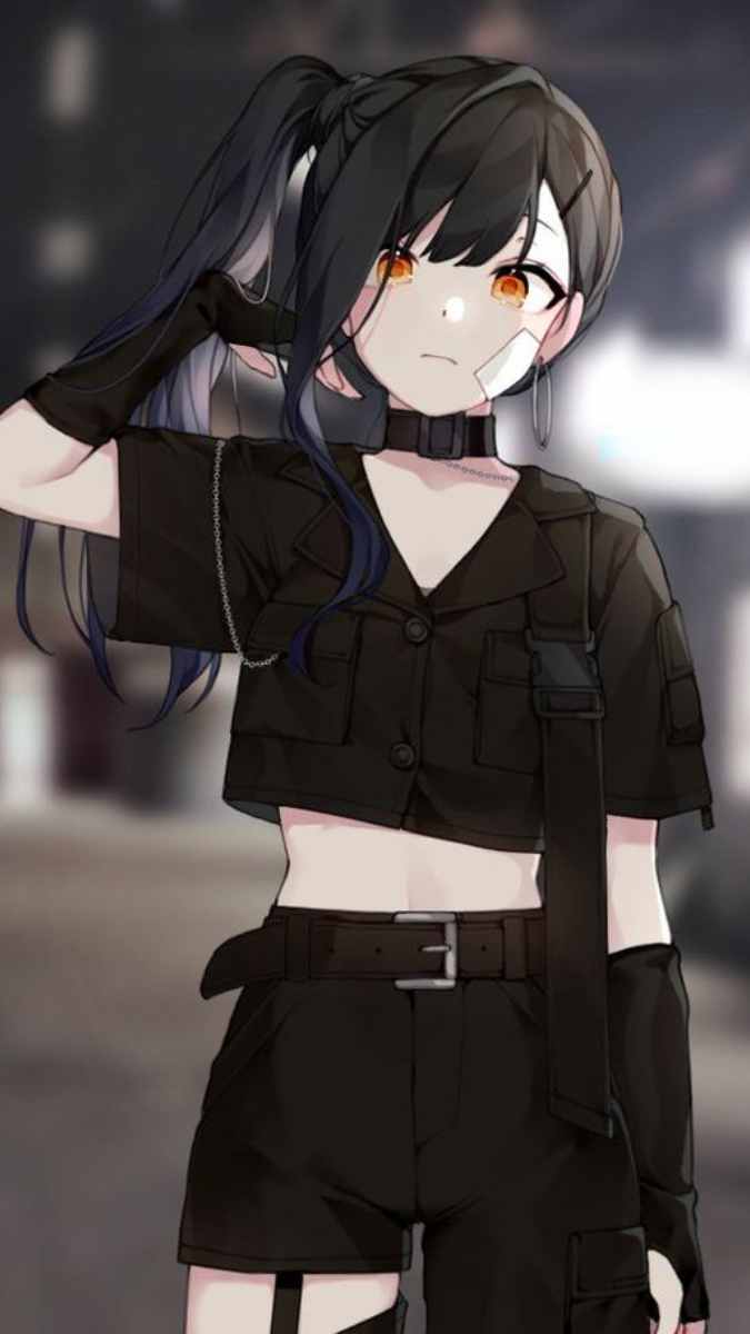 Anime girl in stylish black outfit, urban background, HD quality, 1080x1920 resolution. Perfect for anime wallpaper.