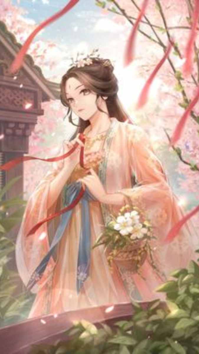 Hình nền anime cô gái cổ trang, hoa anh đào nở rộ, độ phân giải 1080x1920, chất lượng HD, phong cảnh mùa xuân.