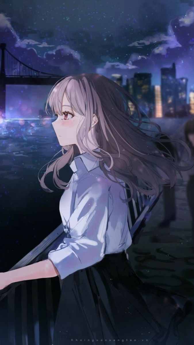 Hình nền anime cô gái đứng trước cầu, thành phố đêm lấp lánh, độ phân giải 1080x1920, chất lượng HD.