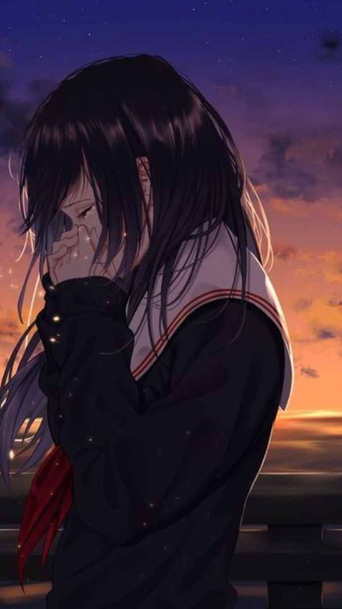 Hình nền anime cô gái buồn dưới ánh hoàng hôn, độ phân giải 1080x1920, chất lượng HD, phong cảnh mơ mộng.