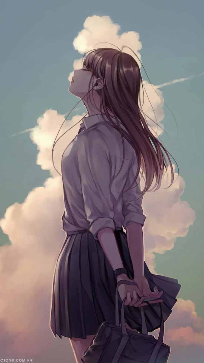 Cô gái anime đứng dưới bầu trời xanh, mây trắng, hình nền HD 1080x1920, phong cách nghệ thuật, thanh xuân.