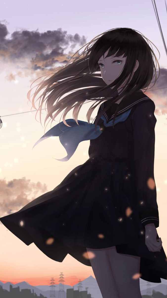 Hình nền anime cô gái đứng trước hoàng hôn, tóc bay trong gió, độ phân giải 1080x1920, chất lượng HD.