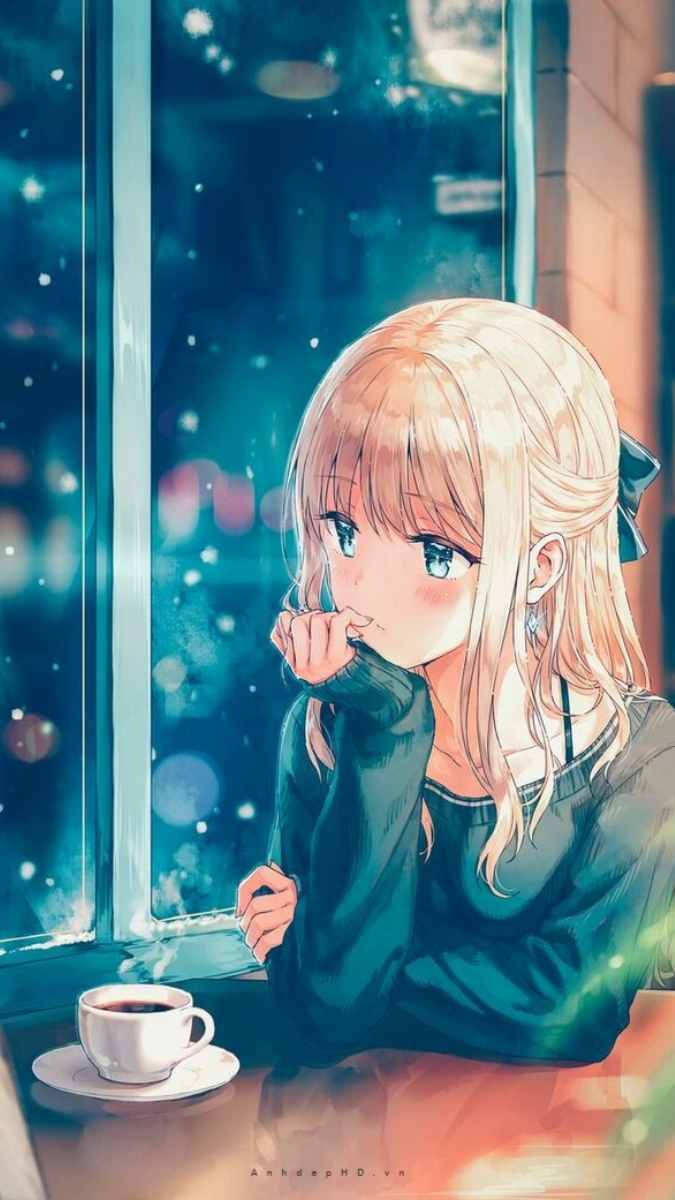 Hình nền anime cô gái bên cửa sổ, khung cảnh mùa đông, chất lượng HD, 1080x1920, nghệ thuật anime đẹp.