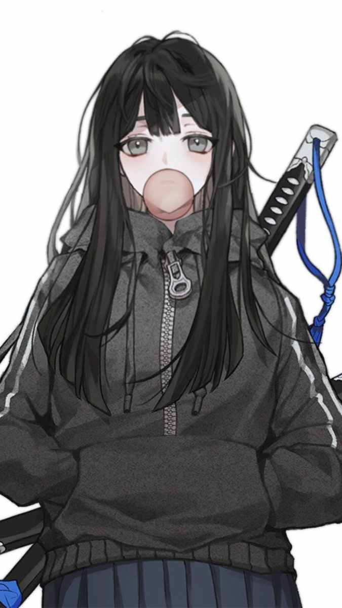 Hình nền anime cô gái tóc đen, áo khoác xám, kẹo cao su, kiếm; độ phân giải 1080x1920, chất lượng HD.