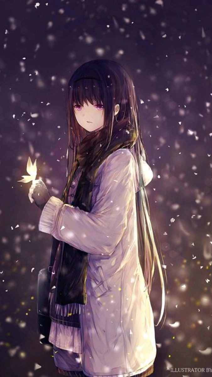 Hình nền anime cô gái mùa đông cầm đèn, 1080x1920, HD. Không khí tuyết rơi, lãng mạn và ấm áp.