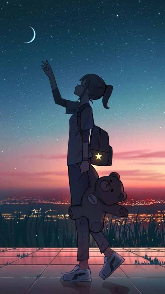 Hình nền anime thiếu nữ ngắm trăng đêm, ôm gấu bông, độ phân giải 1080x1920, chất lượng HD, cảnh quan thành phố.