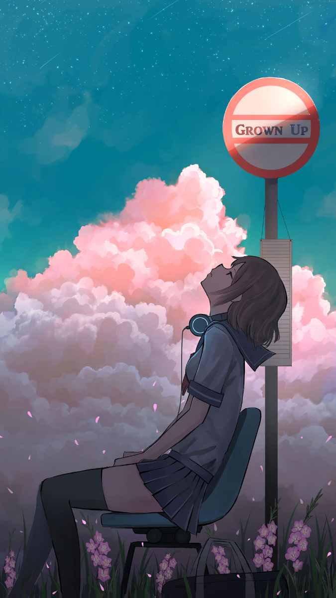 Hình nền anime cô gái ngồi dưới bầu trời sao và mây hồng, độ phân giải 1080x1920, chất lượng HD.