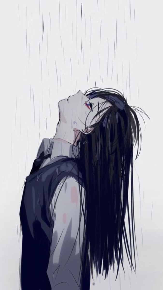 Hình nền anime nhân vật đứng dưới mưa, cảm xúc sâu lắng, độ phân giải 1080x1920, chất lượng HD.