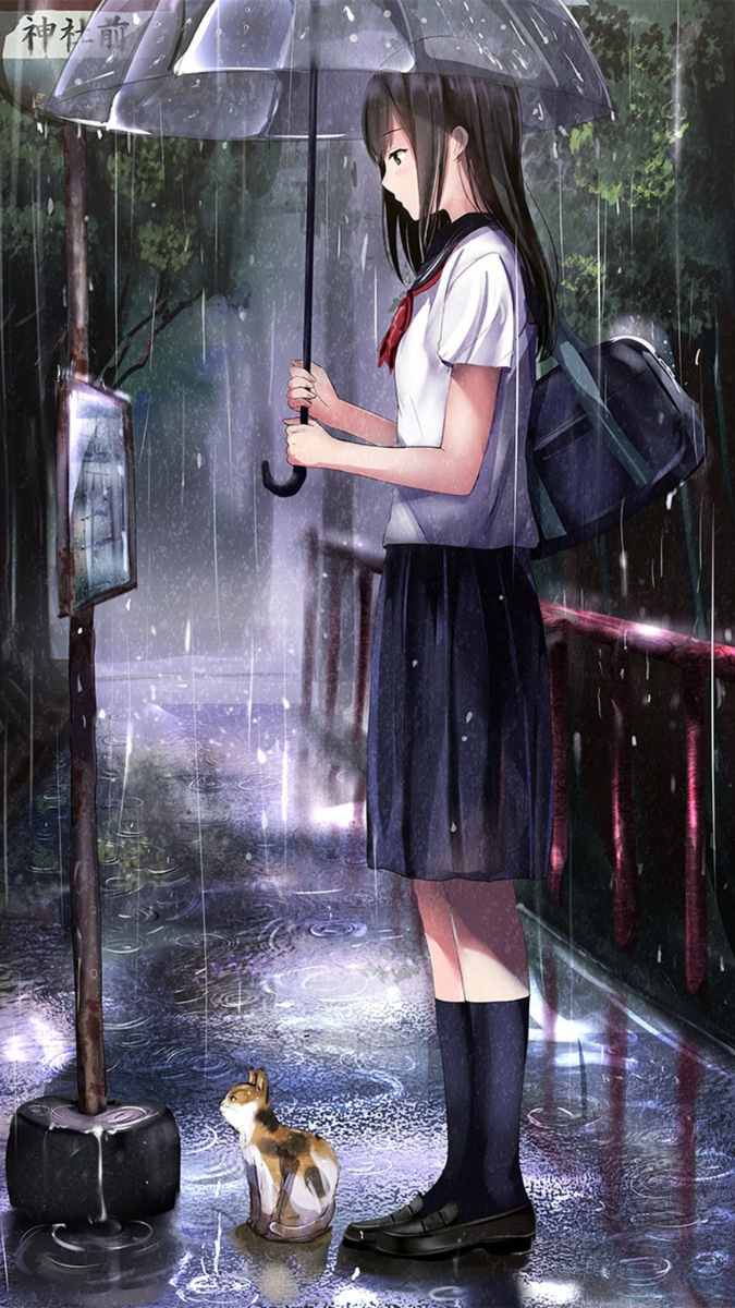Thiếu nữ che ô dưới mưa, đồng hành cùng chú mèo nhỏ. Ảnh anime chất lượng HD, kích thước 1080x1920.