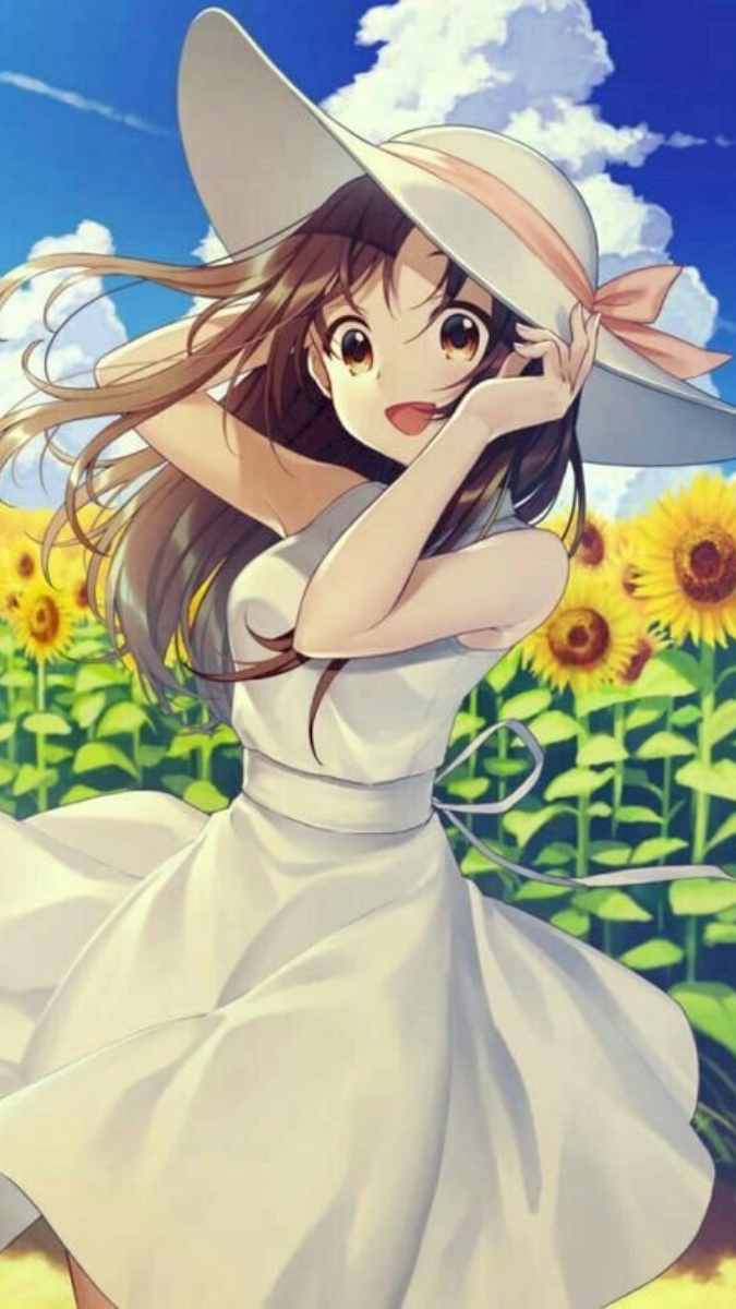 Anime girl in sunflower field, wearing a white dress and hat, HD background, 1080x1920, vibrant summer scene.