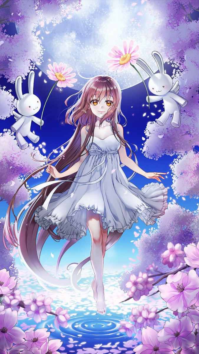 Hình nền anime cô gái và thỏ giữa hoa anh đào, ánh trăng huyền ảo, độ phân giải 1080x1920, chất lượng HD.