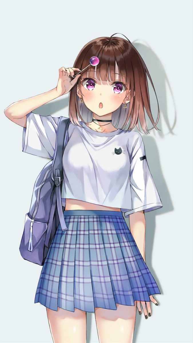 Hình nền anime cô gái dễ thương, váy kẻ caro xanh, độ phân giải 1080x1920, chất lượng HD.