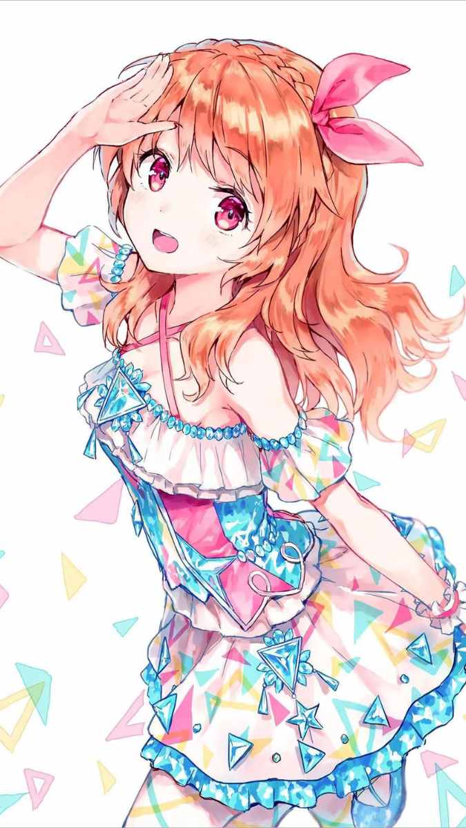 Hình nền anime dễ thương, cô gái tóc cam, váy sặc sỡ, độ phân giải 1080x1920, chất lượng HD, phong cách hoạt hình.