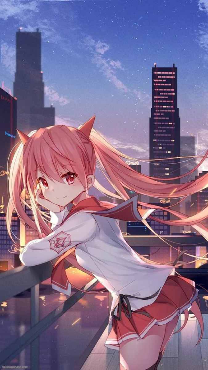Hình nền anime cô gái tóc hồng đứng trên ban công, thành phố về đêm, chất lượng HD, 1080x1920.