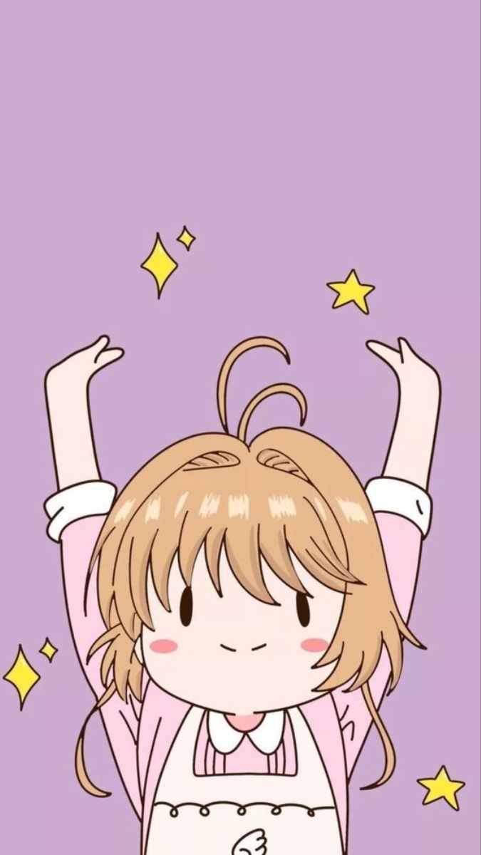 Hình nền anime dễ thương với nhân vật giơ tay, nền tím, độ phân giải 1080x1920, hình ảnh HD, phong cách hoạt hình.