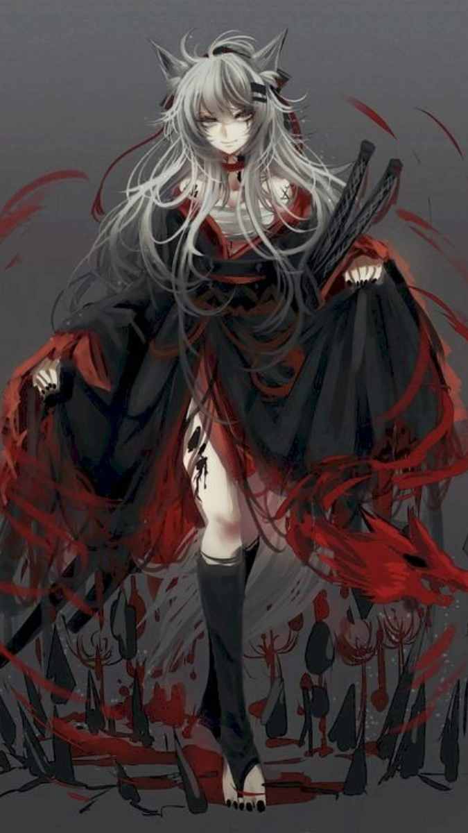 Hình nền anime cô gái tóc dài, tai mèo, váy đen đỏ, phong cách huyền bí, HD 1080x1920, nghệ thuật ấn tượng.