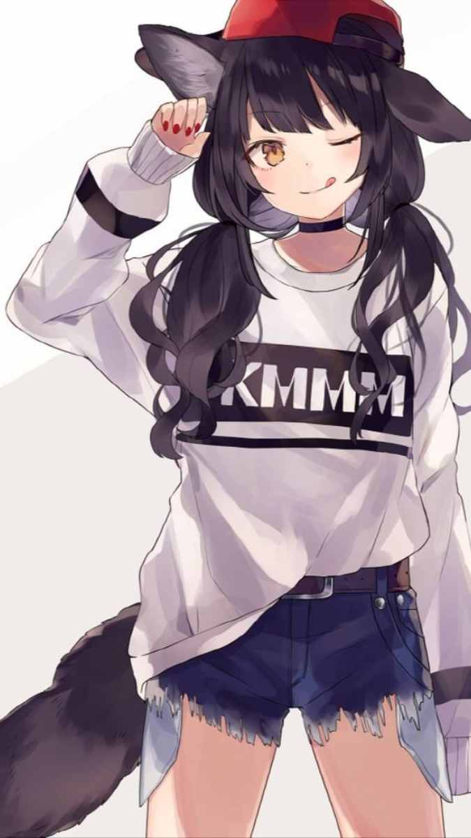 Anime cô gái mặc áo hoodie và tai mèo, phong cách dễ thương, độ phân giải 1080x1920, chất lượng HD.