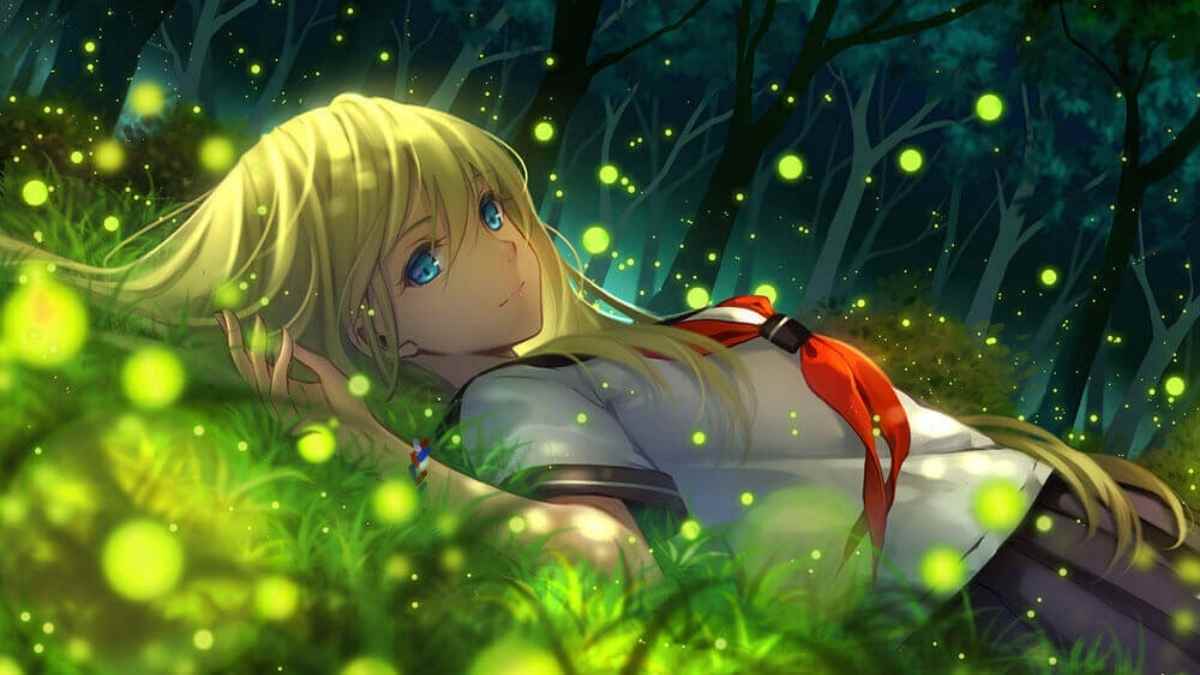 Anime cô gái nằm giữa rừng đom đóm, chất lượng HD, 675x1200. Hình nền tuyệt đẹp cho điện thoại.