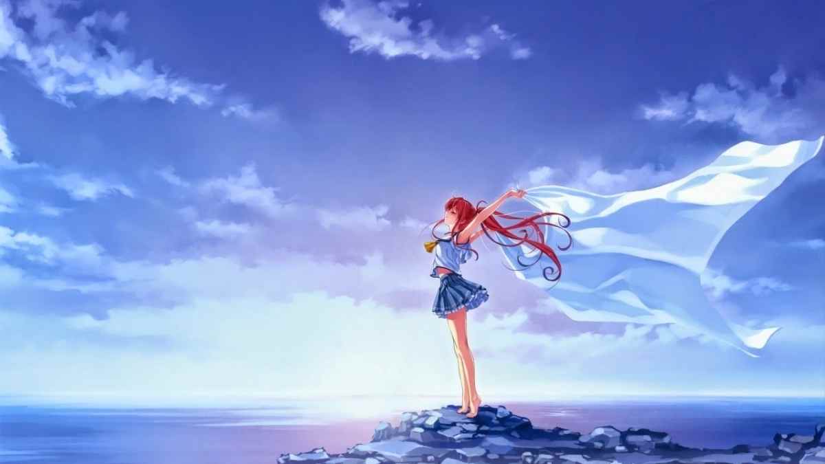 Hình nền anime cô gái đứng trên bờ đá giữa biển trời, chất lượng HD, kích thước 1080x1920, phong cảnh đẹp.