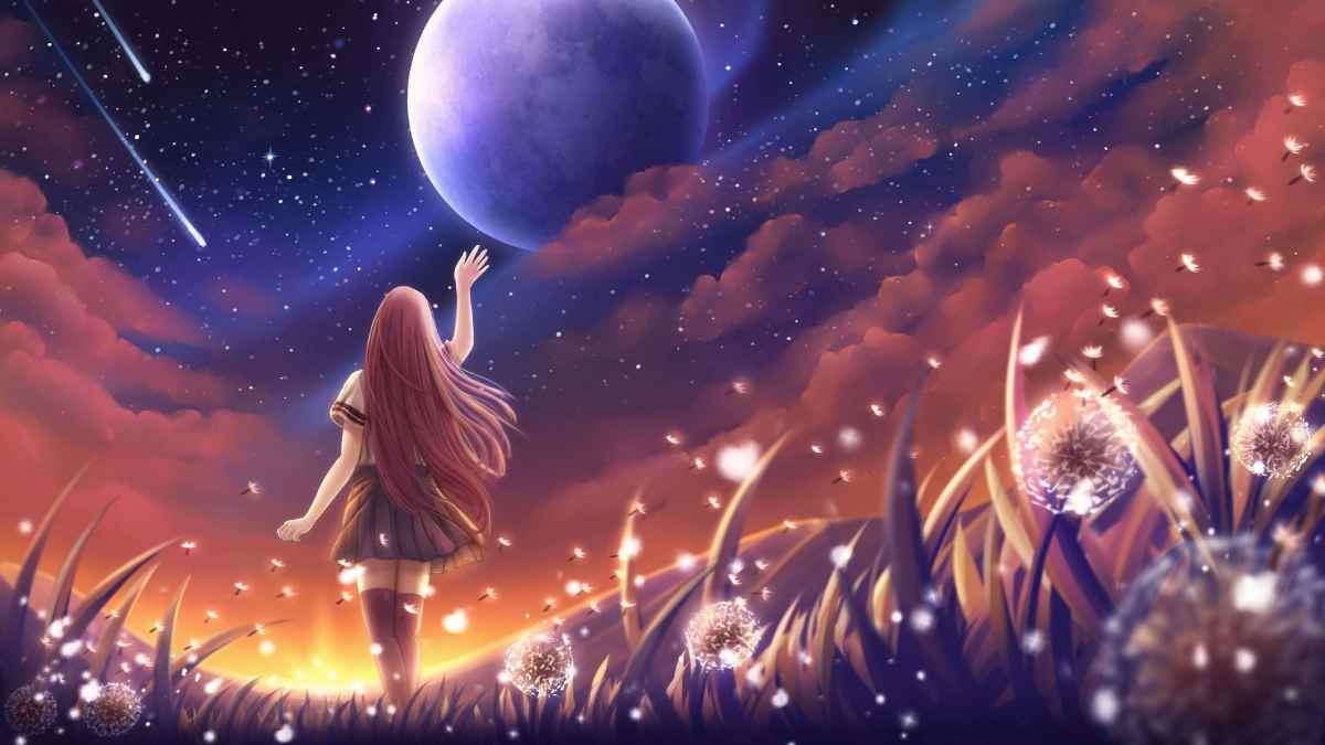 Hình nền anime cô gái ngắm mặt trăng, bầu trời sao, độ phân giải 1080x1920, chất lượng HD, cảnh đêm huyền ảo.