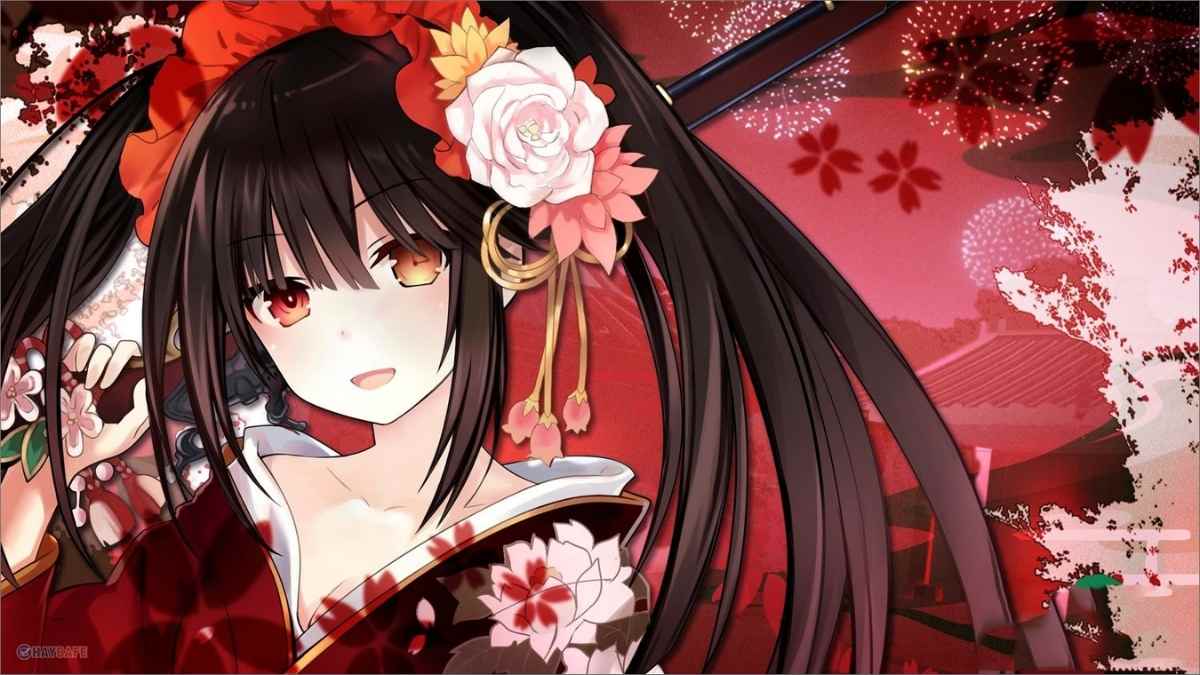Anime cô gái tóc đen, trang phục truyền thống, nền hoa anh đào đỏ, 1080x1920 HD. Hình nền nghệ thuật cuốn hút.