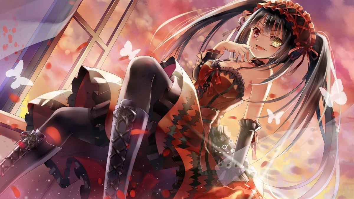 Hình nền anime thiếu nữ phong cách Gothic, hiệu ứng bướm bay, 1080x1920, chất lượng HD, nghệ thuật sống động.