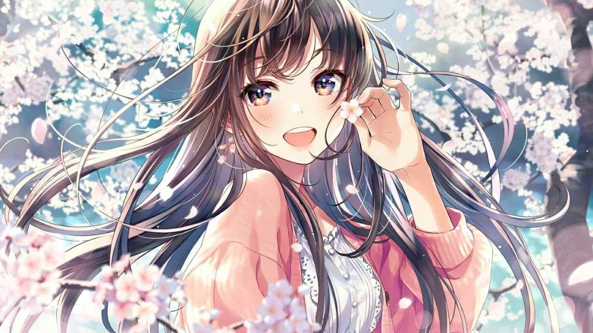 Anime girl amidst cherry blossoms, smiling in spring, HD 1080x1920, vibrant colors. Perfect for anime backgrounds.
