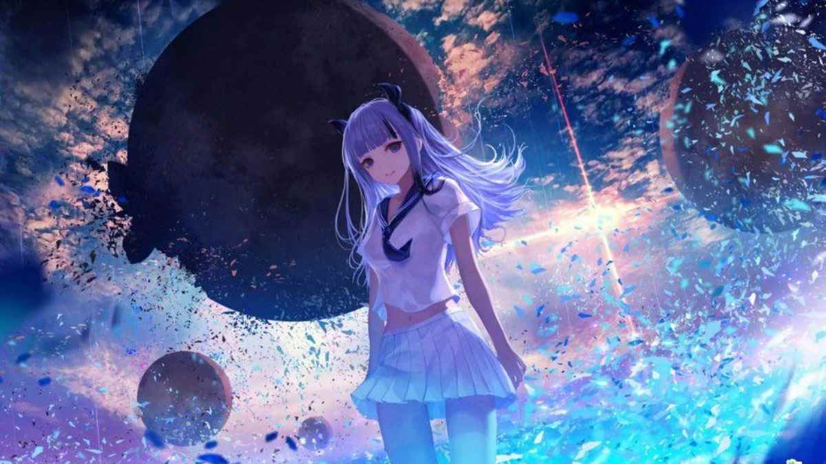 Hình nền anime cô gái tóc tím trong không gian xanh huyền ảo, độ phân giải 1080x1920, chất lượng HD.